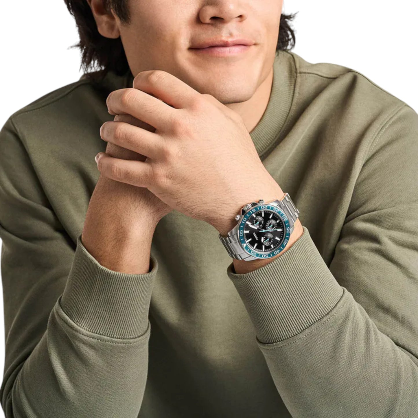 Reloj Fossil Bannon Three-Eye con correa de acero inoxidable plateado BQM7134 / ENVÍO GRATIS