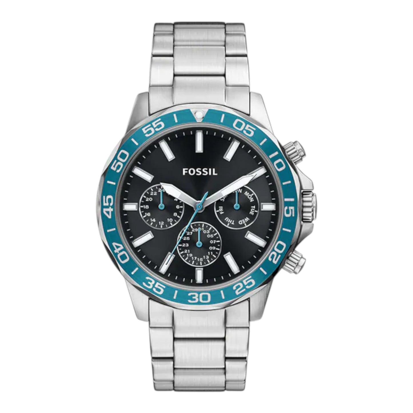 Reloj Fossil Bannon Three-Eye con correa de acero inoxidable plateado BQM7134 / ENVÍO GRATIS