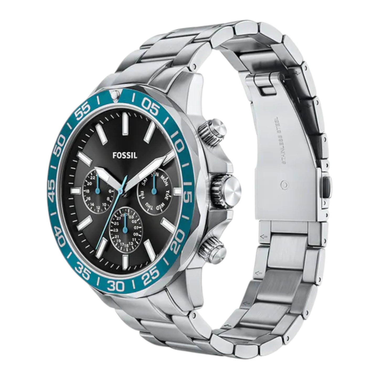 Reloj Fossil Bannon Three-Eye con correa de acero inoxidable plateado BQM7134 / ENVÍO GRATIS