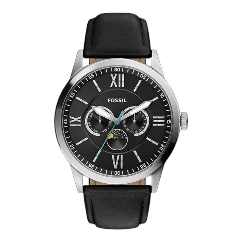 Reloj Fossil Flynn Classic Elegante con números romanos, correa de cuero genuino negro BQM7137 / ENVÍO GRATIS